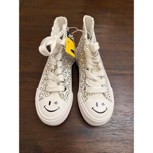 Joe Boxer Kids Smiley Face High Top Canvas Sneakers White Black Size 1 NEW